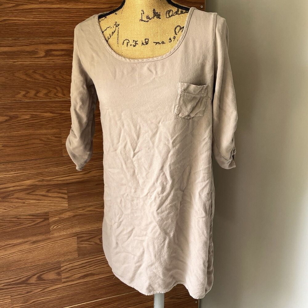 Noble U  Tunic Roll Tab Sleeve Dress Brown Mini Slip On Beige Khaki Scoop Neck M